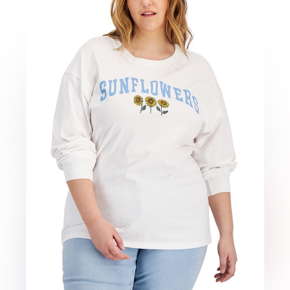 Mighty Fine Mad Engine Womens Trendy Plus Sunflowers Long-Sleeve T-Shirt 2X Tee